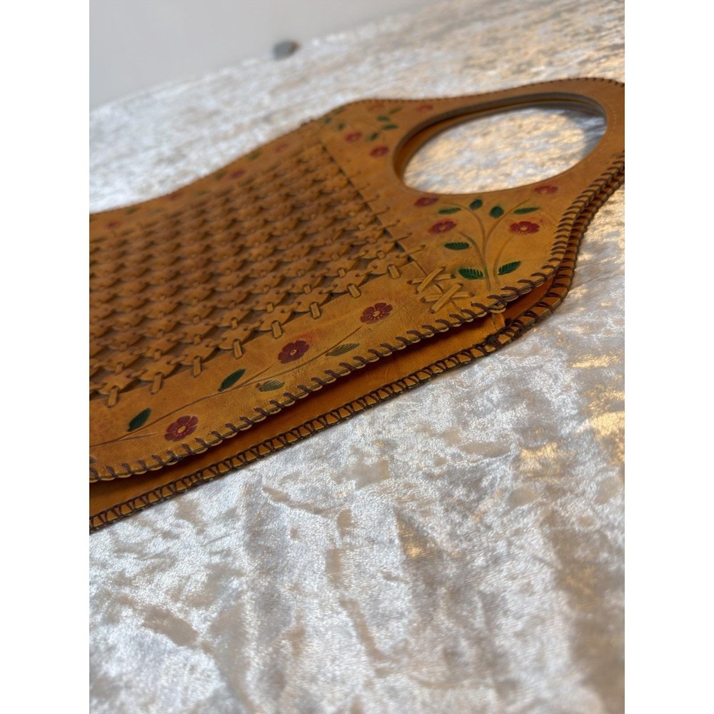 Vintage Handmade Leather Cutwork Handbag Floral Painted Boho Tote Purse Tan - Picture 6 of 9
